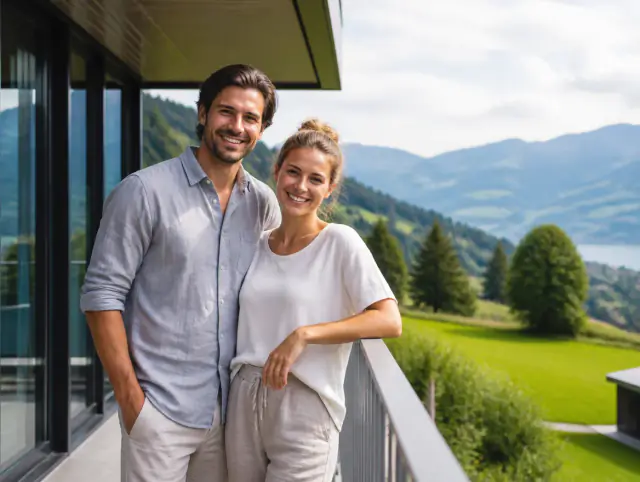 Balkongeländer aus Aluminium – glückliches lächelndes Paar Glückliches Paar geniesst gemeinsam den Moment an einem Balkongeländer aus Aluminium