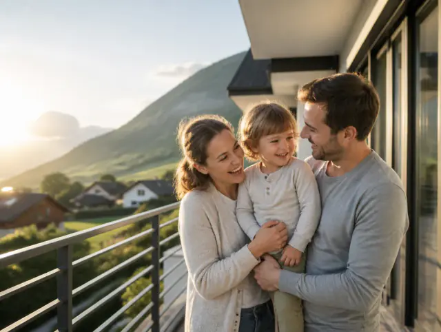 Balkongeländer aus Aluminium – glückliche Familie mit Kind Glückliche Familie mit Kind lacht gemeinsam an einem Balkongeländer aus Aluminium
