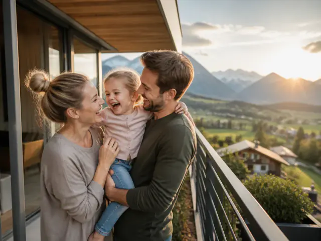 Balkongeländer modern & Anthrazit – glückliche Familie mit Kind Glückliche Familie mit Kind lacht gemeinsam an einem Balkongeländer modern & Anthrazit