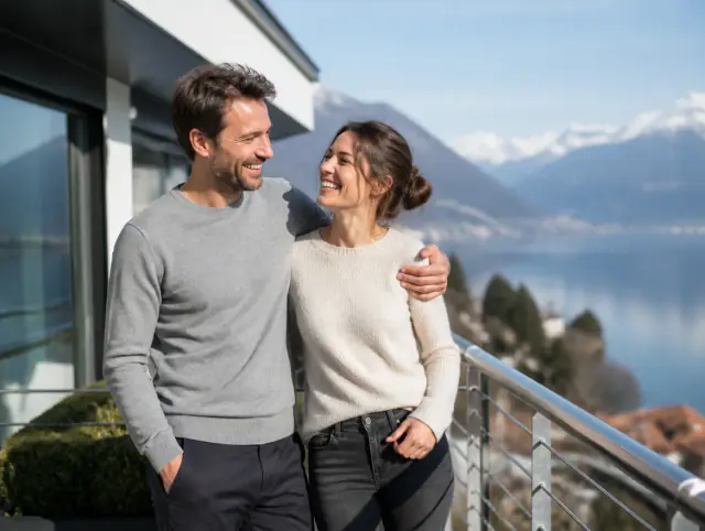 Glückliches Paar geniesst gemeinsam den Moment an einem Edelstahlgeländer Preis pro Meter