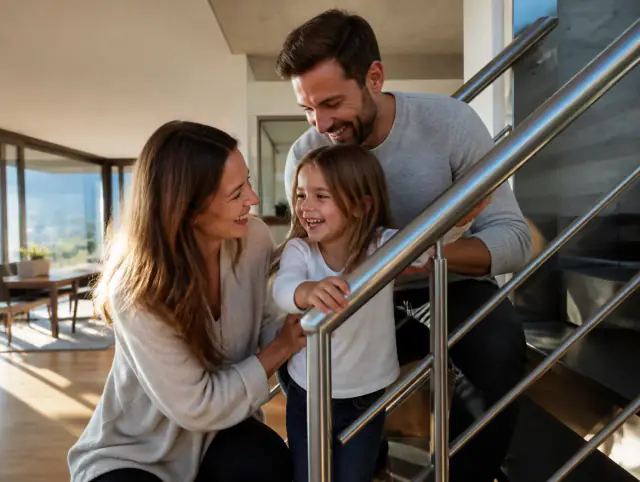 Glückliche Familie mit Kind lacht gemeinsam an einem Edelstahl-Handlauf