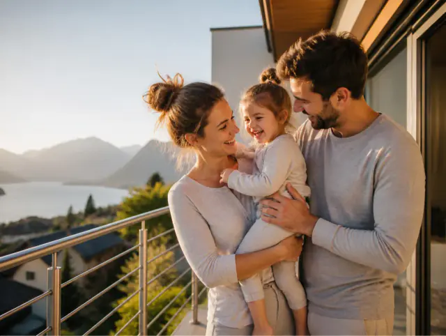 Glückliche Familie mit Kind lacht gemeinsam an einem Edelstahlgeländer für Treppen