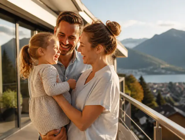 Glückliche Familie mit Kind lacht gemeinsam an einem Edelstahlgeländer Preis pro Meter