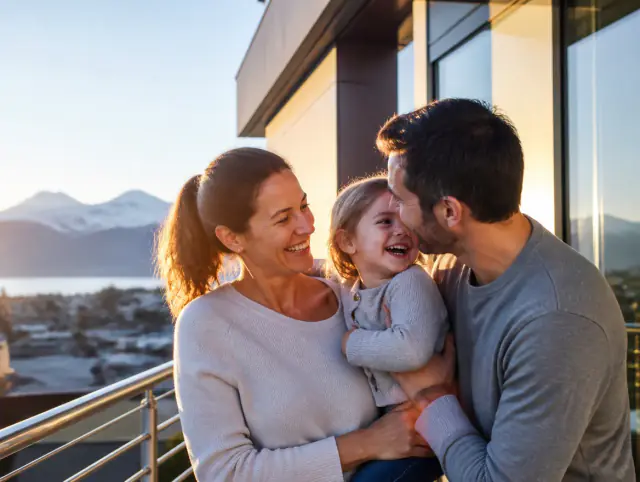Edelstahlgeländer V2A – glückliche Familie mit Kind Glückliche Familie mit Kind lacht gemeinsam an einem Edelstahlgeländer V2A