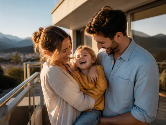 Glückliche Familie mit Kind lacht gemeinsam an einem Edelstahlgeländer
