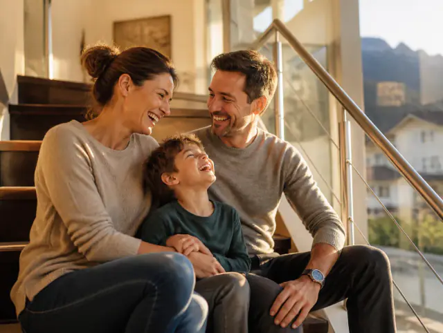 Glückliche Familie mit Kind lacht gemeinsam an einem Handlauf barrierefrei