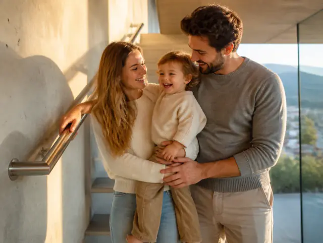 Handlauf für Treppen – glückliche Familie mit Kind Glückliche Familie mit Kind lacht gemeinsam an einem Handlauf für Treppen