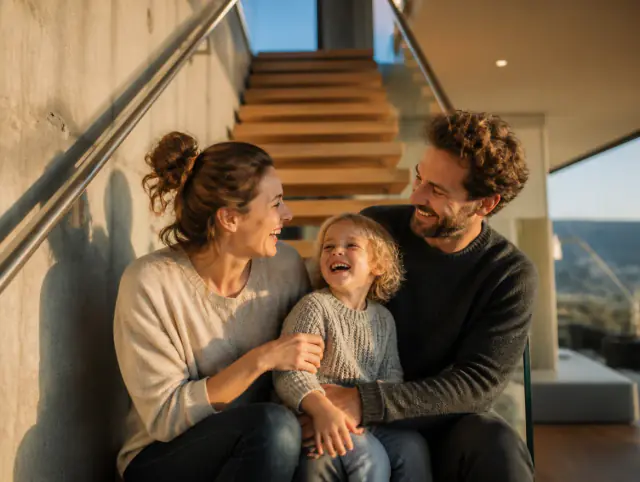 Glückliche Familie mit Kind lacht gemeinsam an einem Handlauf Selbstmontage