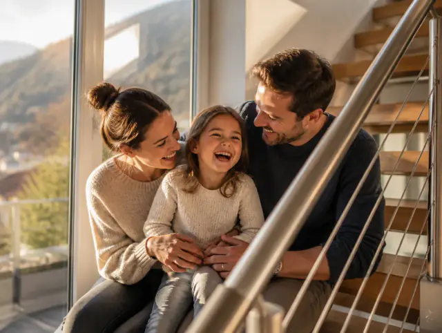 Glückliche Familie mit Kind lacht gemeinsam an einem Handlaufhalter & Wandmontage