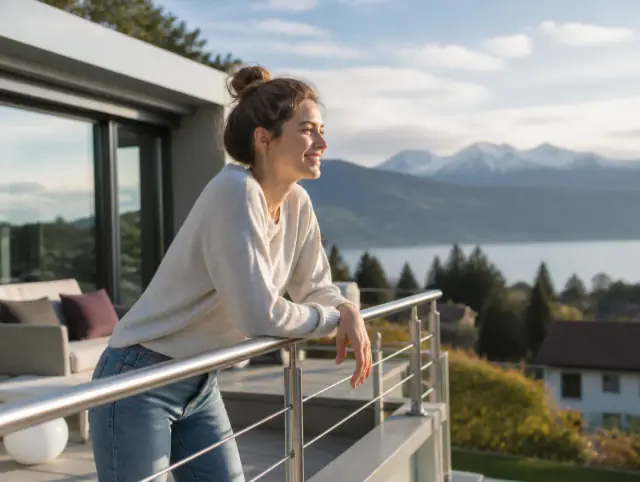 Lächelnde Frau geniesst den Ausblick an einem Edelstahlgeländer für Treppen