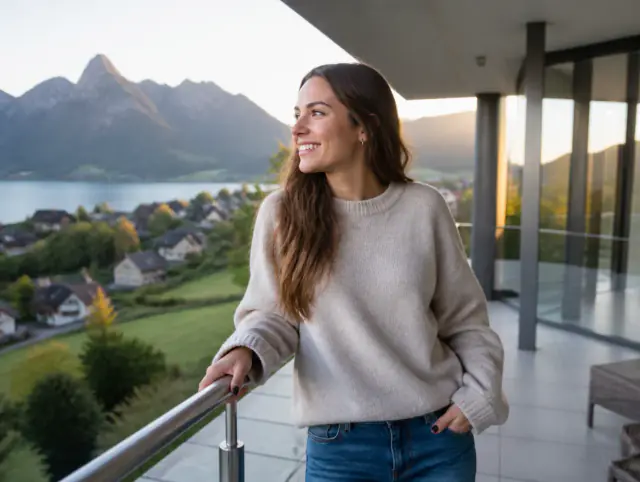 Edelstahlgeländer V4A – lächelnde Frau blickt zum Horizont Lächelnde Frau geniesst den Ausblick an einem Edelstahlgeländer V4A