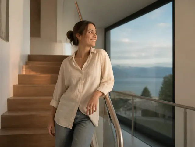 Handlauf für Treppen – lächelnde Frau blickt zum Horizont Lächelnde Frau geniesst den Ausblick an einem Handlauf für Treppen