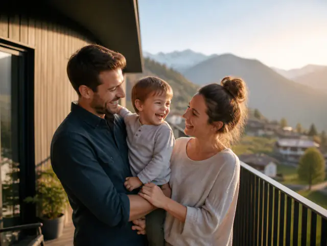 Glückliche Familie mit Kind lacht gemeinsam an einem Balkongeländer aus Metall