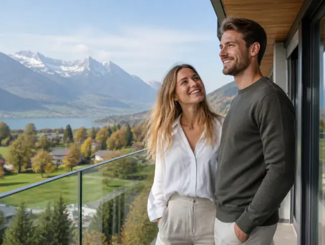 Glückliches Paar geniesst gemeinsam den Moment an einem Balkongeländer aus Glas