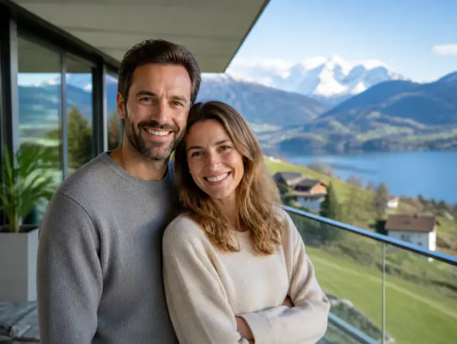 Glasgeländer für Balkon – glückliches lächelndes Paar Glückliches Paar geniesst gemeinsam den Moment an einem Glasgeländer für Balkon