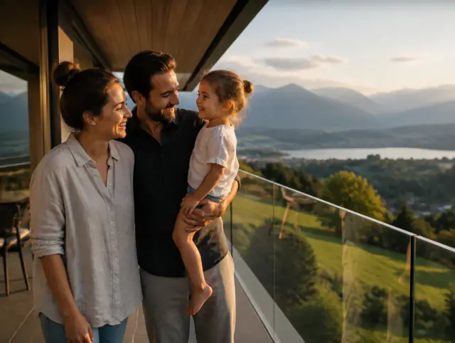 Glückliche Familie mit Kind lacht gemeinsam an einem Balkongeländer aus Glas