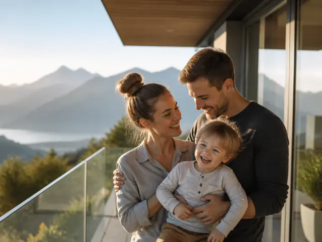 Edelstahlgeländer mit Glas – glückliche Familie mit Kind Glückliche Familie mit Kind lacht gemeinsam an einem Edelstahlgeländer mit Glas