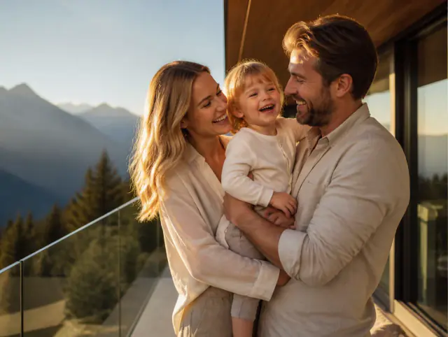 Glückliche Familie mit Kind lacht gemeinsam an einem Ganzglasgeländer rahmenlos