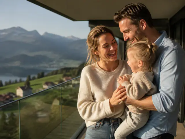 Glasgeländer für Balkon – glückliche Familie mit Kind Glückliche Familie mit Kind lacht gemeinsam an einem Glasgeländer für Balkon