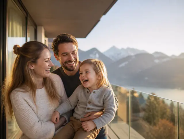 Glasgeländer für Treppen – glückliche Familie mit Kind Glückliche Familie mit Kind lacht gemeinsam an einem Glasgeländer für Treppen