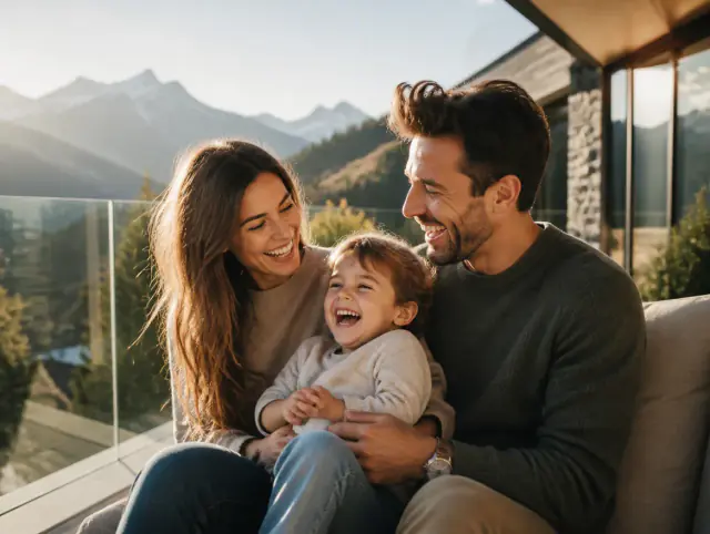 Glasgeländer Preis pro Meter – glückliche Familie mit Kind Glückliche Familie mit Kind lacht gemeinsam an einem Glasgeländer Preis pro Meter