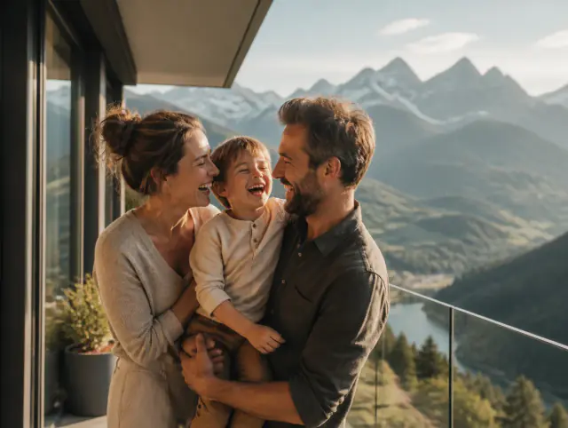 Glückliche Familie mit Kind lacht gemeinsam an einem Glasgeländer Seitenmontage