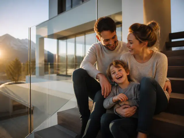 Glückliche Familie mit Kind lacht gemeinsam an einem Treppengeländer mit Glas