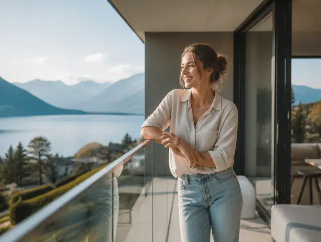 Edelstahlgeländer mit Glas – lächelnde Frau blickt zum Horizont Lächelnde Frau geniesst den Ausblick an einem Edelstahlgeländer mit Glas