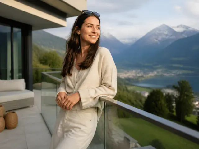 Lächelnde Frau geniesst den Ausblick an einem Ganzglasgeländer rahmenlos