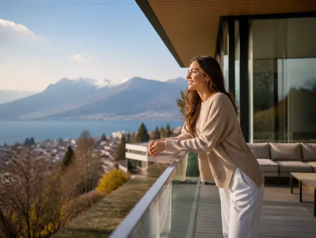 Glasgeländer mit Handlauf – lächelnde Frau blickt zum Horizont Lächelnde Frau geniesst den Ausblick an einem Glasgeländer mit Handlauf