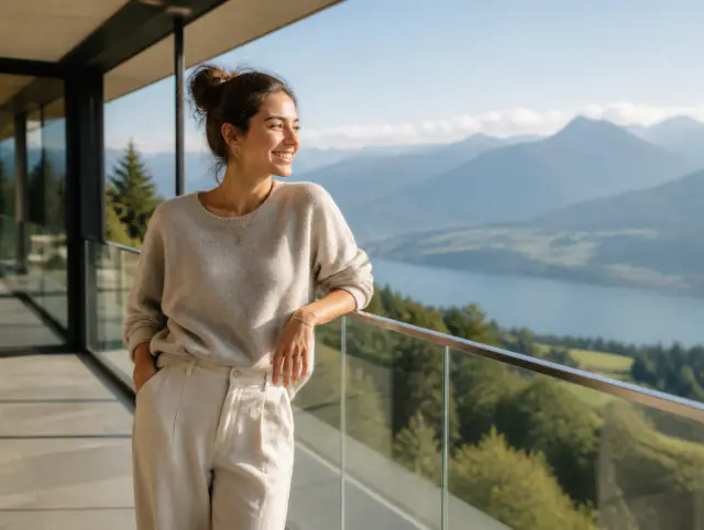 Lächelnde Frau geniesst den Ausblick an einem Glasgeländer Seitenmontage