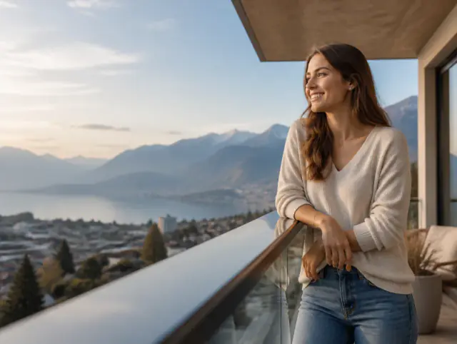 Glasgeländer – lächelnde Frau blickt zum Horizont Lächelnde Frau geniesst den Ausblick an einem Glasgeländer