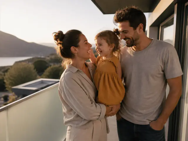 Glückliche Familie mit Kind lacht gemeinsam an einem Edelstahlgeländer mit Milchglas