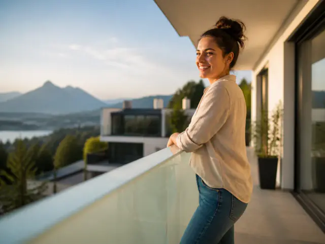 Lächelnde Frau geniesst den Ausblick an einem Edelstahlgeländer mit Milchglas