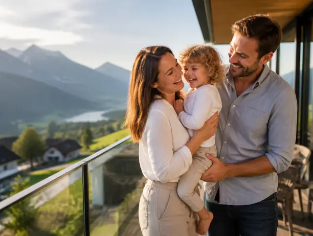 Balkongeländer blickdicht – glückliche Familie mit Kind Glückliche Familie mit Kind lacht gemeinsam an einem Balkongeländer blickdicht