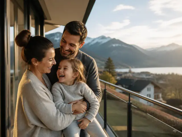 Glückliche Familie mit Kind lacht gemeinsam an einem Balkongeländer Höhe & Vorschriften