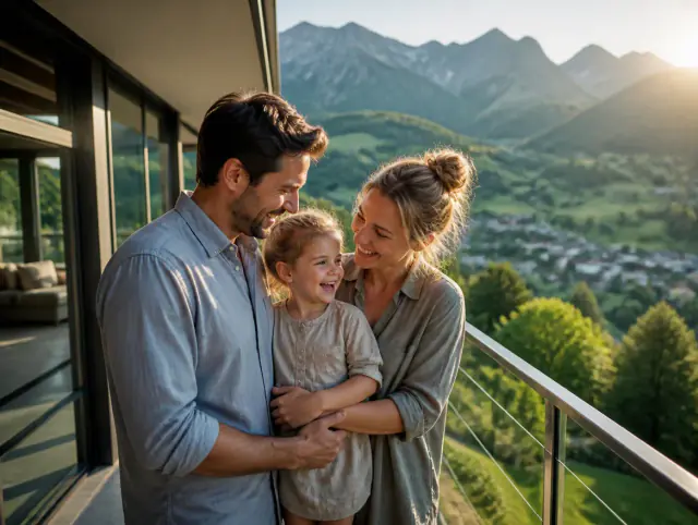Glückliche Familie mit Kind lacht gemeinsam an einem Balkongeländer kaufen – Preise & Montage