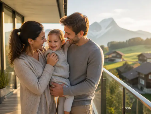 Glückliche Familie mit Kind lacht gemeinsam an einem Balkongeländer mit Sichtschutz