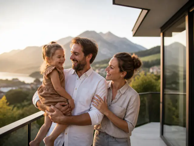 Balkongeländer – glückliche Familie mit Kind Glückliche Familie mit Kind lacht gemeinsam an einem Balkongeländer