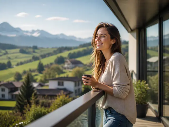 Balkongeländer blickdicht – lächelnde Frau blickt zum Horizont Lächelnde Frau geniesst den Ausblick an einem Balkongeländer blickdicht