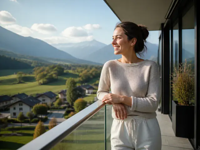 Balkongeländer – lächelnde Frau blickt zum Horizont Lächelnde Frau geniesst den Ausblick an einem Balkongeländer