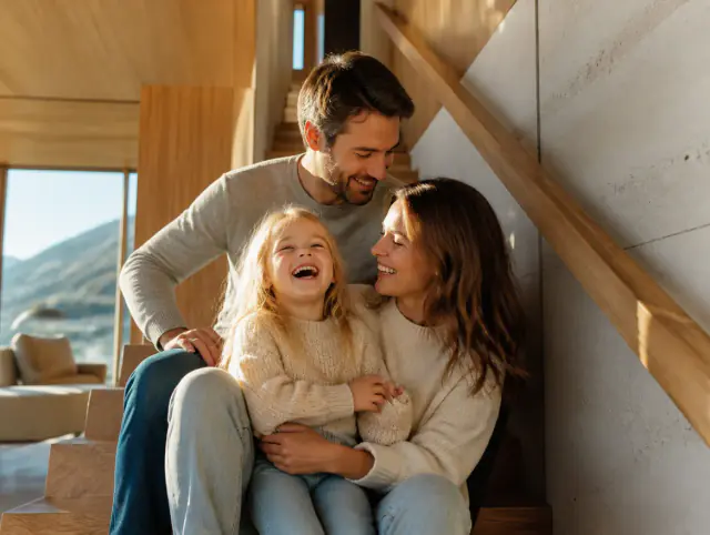 Glückliche Familie mit Kind lacht gemeinsam an einem Handlauf aus Holz