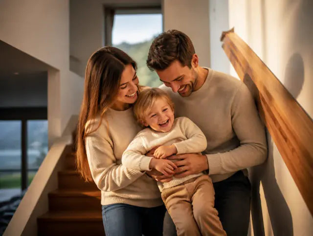 Glückliche Familie mit Kind lacht gemeinsam an einem Handlauf Eiche rund