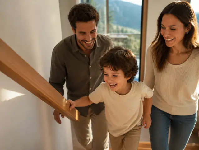 Glückliche Familie mit Kind lacht gemeinsam an einem Treppengeländer Bauvorschriften Schweiz
