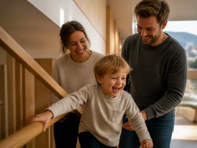 Glückliche Familie mit Kind lacht gemeinsam an einem Treppengeländer kaufen – Preise & Kosten