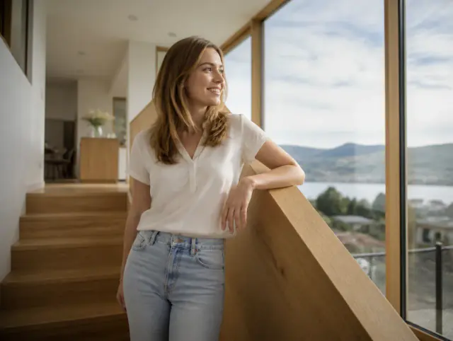 Lächelnde Frau geniesst den Ausblick an einem Handlauf aus Holz