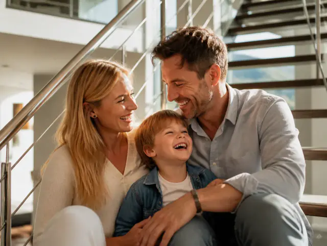 Glückliche Familie mit Kind lacht gemeinsam an einem Edelstahlgeländer innen