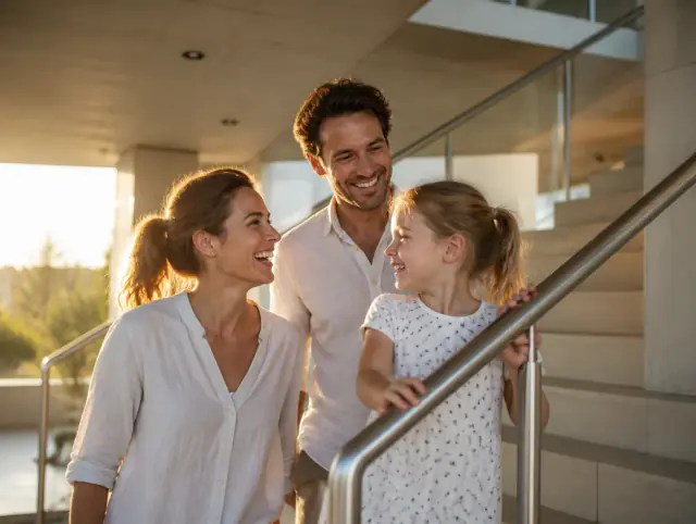Glückliche Familie mit Kind lacht gemeinsam an einem Handlauf für Treppen innen