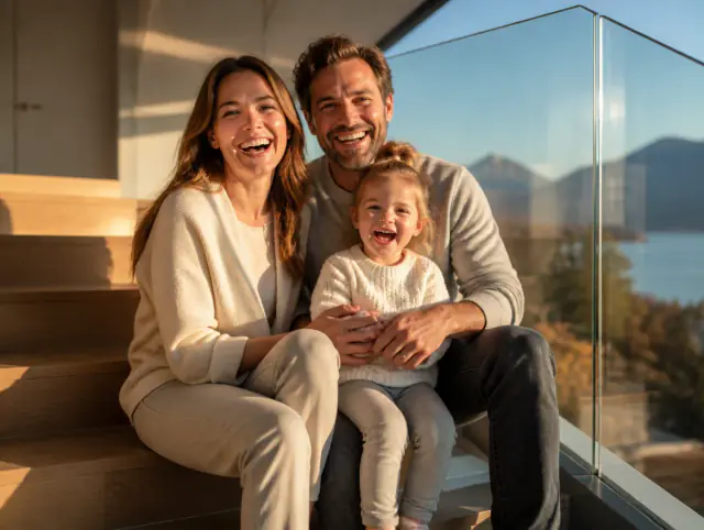Glückliche Familie mit Kind lacht gemeinsam an einem Glasgeländer innen