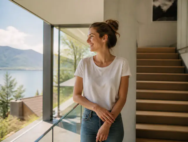 Lächelnde Frau geniesst den Ausblick an einem Glasgeländer innen